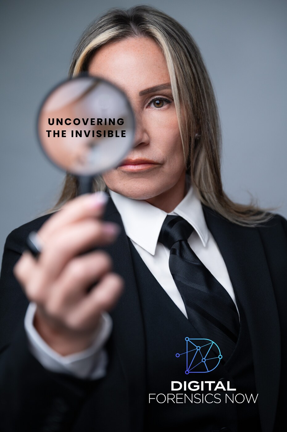 Jovianna Gonzalez of Digital Forensics Now holding a magnifying glass, with the words 'Uncovering the Invisible' seen through the lens